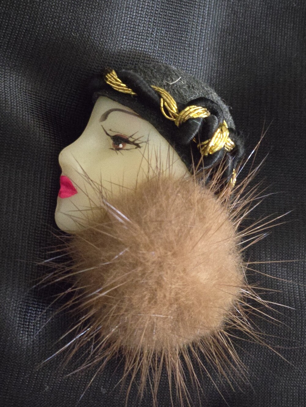 VTG Han Shin Fur Co Ltd Brooch - Fur Lady Face  3" Pin Estate Jewelry